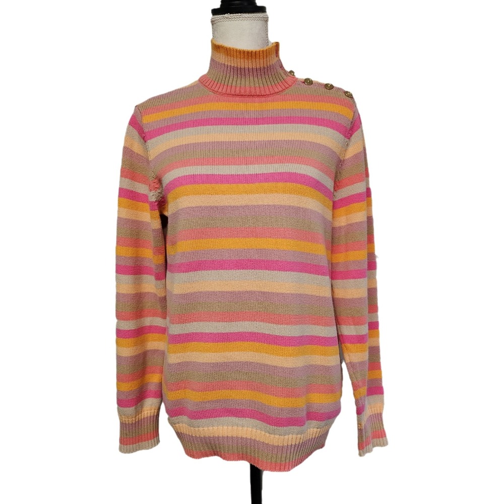 Liz Claiborne Pink & Orange Stripe Button Turtleneck Sweater Size XL 100% Cotton